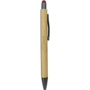 A bamboo pen featuring a red stylus tip and a black end, with a clip for easy attachment.