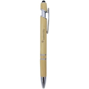 A bamboo stylus pen featuring a sleek design, silver accents, and a clip for easy attachment.