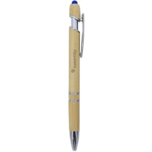 A bamboo pen with a silver clip and blue stylus tip, featuring a branding logo.