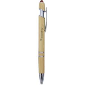 A bamboo pen featuring a chrome clip and stylus tip, designed for writing and touchscreen use.