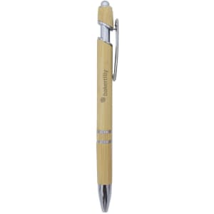 A bamboo pen with a silver clip and tip, featuring a branding logo.