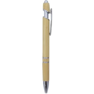 A bamboo pen with silver accents, featuring a stylus tip and a clip for easy attachment.
