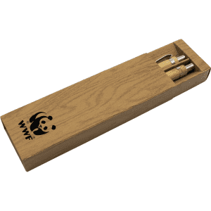 A bamboo pen set in a wooden box, featuring two pens and a logo, showcasing natural tones.