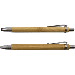 A bamboo pen set featuring two pens with silver accents and a stylus tip. The pens have a sleek, natural finish.