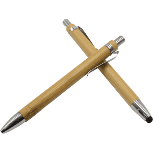 A bamboo pen set featuring two stylus pens with silver accents. One pen has a rubber tip for touch screens.