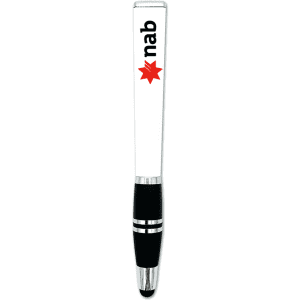 A white and black stylus pen with a branding logo at the top.