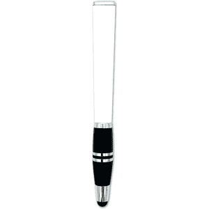 A black stylus pen with a sleek design and chrome accents. The top is smooth and clear. It features a logo.