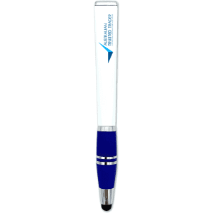 A Byron Pen in white and blue, featuring a stylus tip, with a branding logo on the barrel.