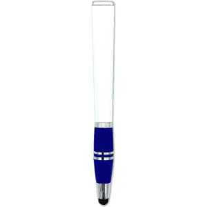 A blue stylus pen with a shiny silver tip and a clear upper section. The pen features a logo on the barrel.