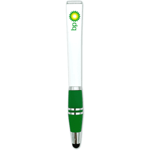 A white stylus pen with a green bottom, featuring a logo. Elegant and simple design for writing.