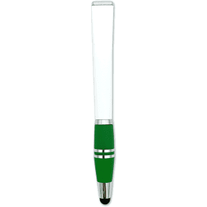 A stylus pen with a green grip and a clear barrel, featuring a metallic tip and an end designed for touchscreen use.