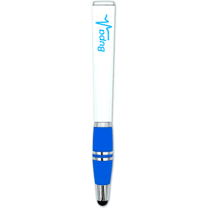A stylus pen with a white barrel, blue grip, and chrome accents, featuring a logo.