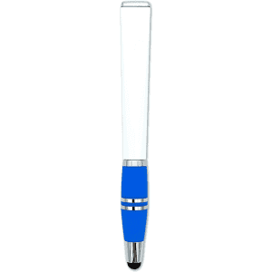 A blue stylus pen with a sleek design and a metallic finish, featuring a logo on the barrel.