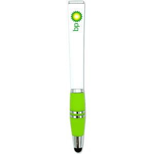 A white stylus pen with a green grip and a logo on the upper body.
