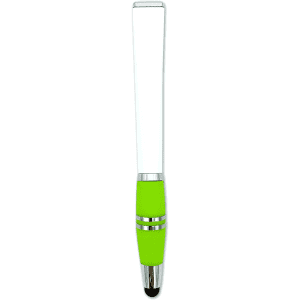 A stylus pen with a white body and a green grip, featuring a shiny silver accent and a logo.