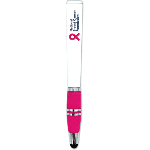 A stylus pen with a white barrel and a pink grip, featuring a logo.