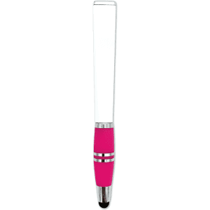 A pink stylus pen with a clear barrel and chrome accents, featuring a branding logo on the barrel.