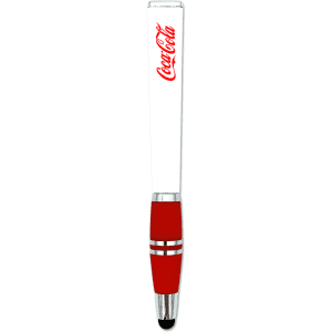 A red stylus pen with a white barrel and a branding logo on the side.