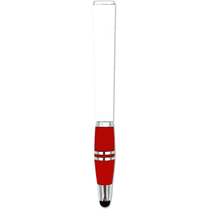 A red stylus pen with a sleek design and chrome accents, featuring a logo on the body.