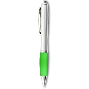 A silver pen with a green rubber grip, featuring a clip and a shiny finish, with a branding logo present.