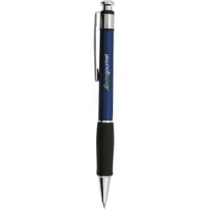 A blue plastic pen with a silver clip and black grip, featuring a logo on the barrel.
