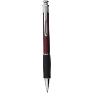 A maroon plastic pen with a silver clip and a black rubber grip, featuring a logo on the barrel.