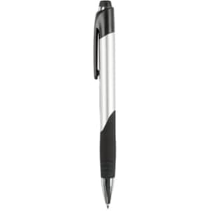 A silver and black plastic pen with a grip and a logo on the side.