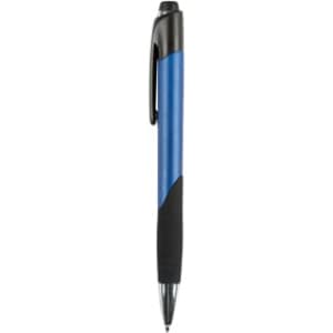 A plastic pen featuring a blue barrel and black grip, with a clip and a branded logo.