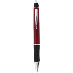 A red plastic pen with a black grip and silver accents, featuring a branding logo.