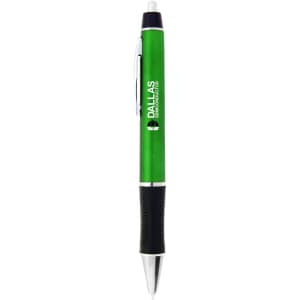 A green plastic pen with a black grip and silver accents, featuring a logo on the barrel.