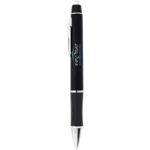 A black plastic pen with a silver tip and a textured grip. It has a logo on the barrel.