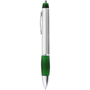 A metal pen featuring a silver barrel and green grip, with a clip and branding on the side.