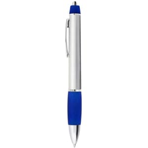 A metal pen in silver with a blue grip and a blue tip, featuring a clip and a logo.