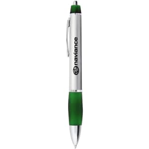 A metal pen with a silver barrel and green grip, featuring a logo on the side.