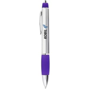 A metal pen with a silver barrel and purple grip, featuring a logo on the side.