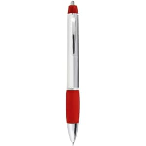 A metal pen featuring a red grip and silver body, with a clip and a stylus tip. It includes a branding logo.