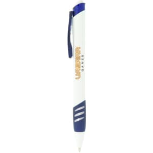 A white and blue plastic pen with a clip and a logo on the barrel.