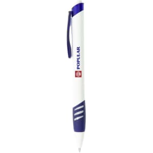 A plastic pen featuring a white barrel and blue accents, with a clip and branding on the side.