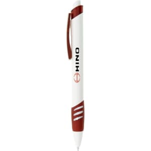 A plastic pen featuring a white body with red accents and a logo. Ideal for writing.