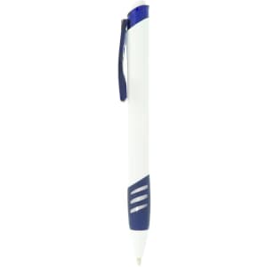 A plastic pen with a white body and blue accents, featuring a clip and a textured grip.