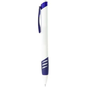 A plastic pen with a white barrel and blue accents, featuring a clip and stripes on the grip area.
