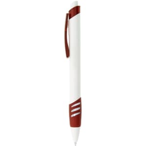 A plastic pen in white and maroon, featuring a clip and a textured grip. It has a logo on it.