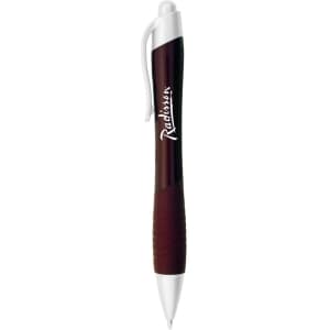 A metallic pen in burgundy with a white grip and silver accents, featuring a logo.