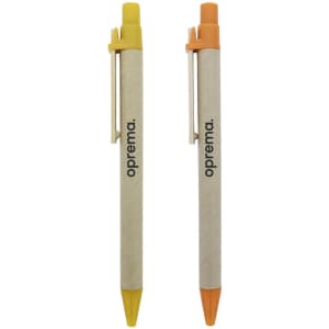 Two pens are displayed, one in yellow and the other in orange, both featuring a branding logo.