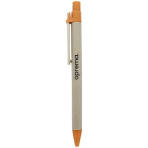 A pen with an orange tip and clip, featuring a natural-coloured body and a logo.