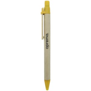 A yellow and cream pen with a clip and a logo on the body, designed for writing.
