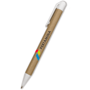 A paper pen with a natural brown body and a white top, featuring a logo on the side.