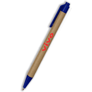 A paper pen with a kraft barrel and blue accents, featuring a logo.