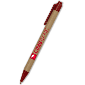 A red and brown pen with a logo and branding, featuring a classic design and a clip for easy carrying.