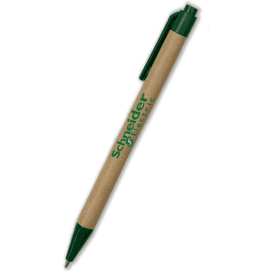 A pen with a brown paper barrel and green accents, featuring a clip and branding.